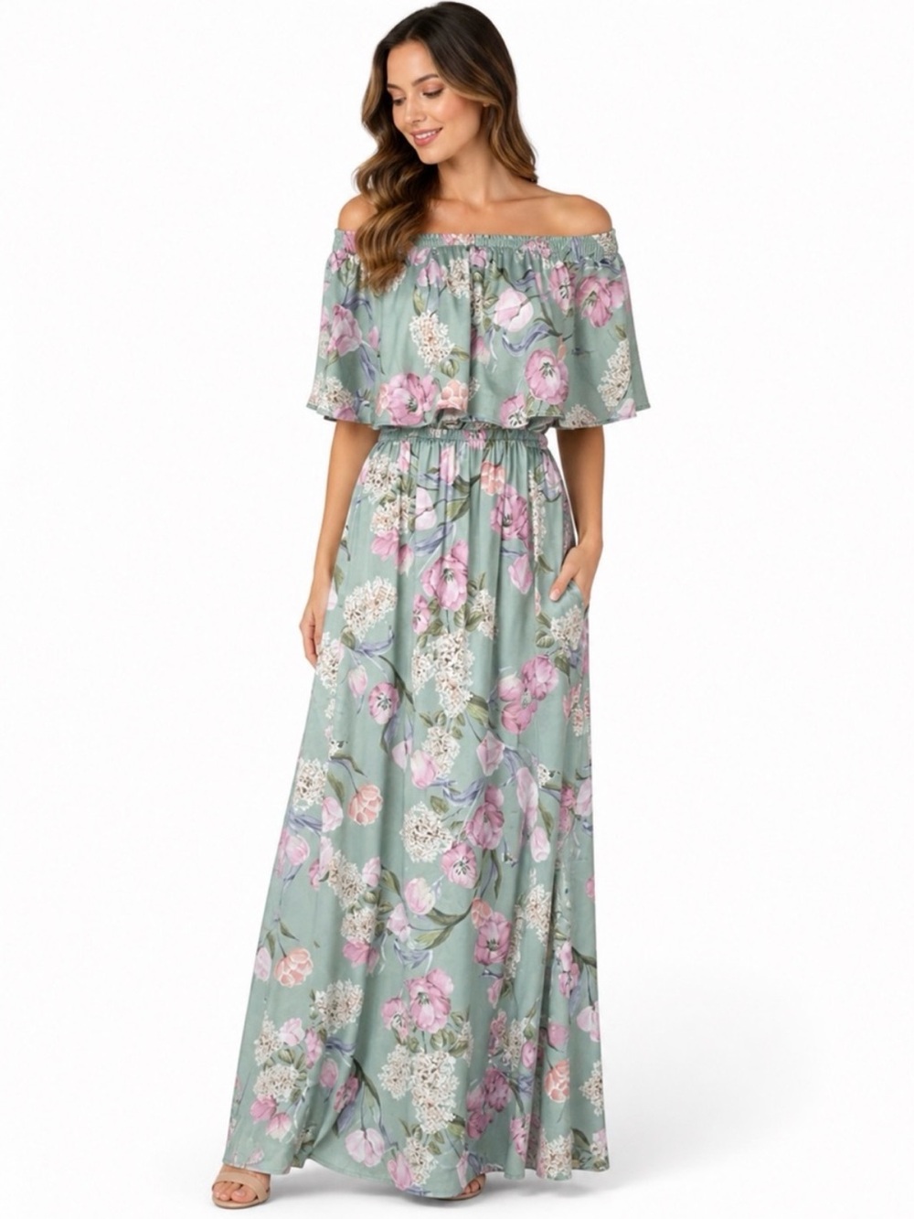 Show Me Your Mumu Off-Shoulder Floral Maxi Dress in Sage Green